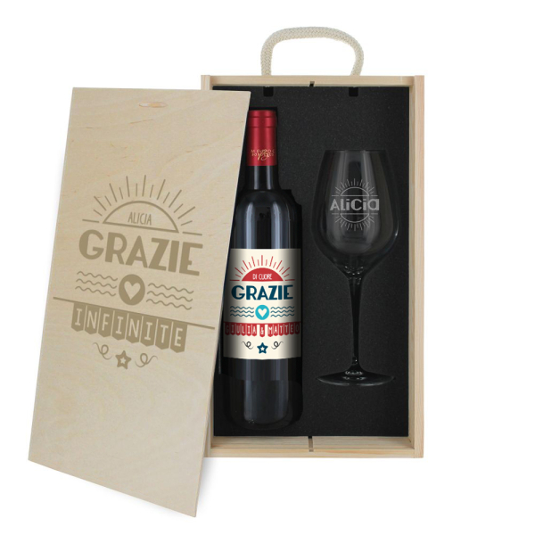 Cofanetto regalo vino con bicchiere grazie