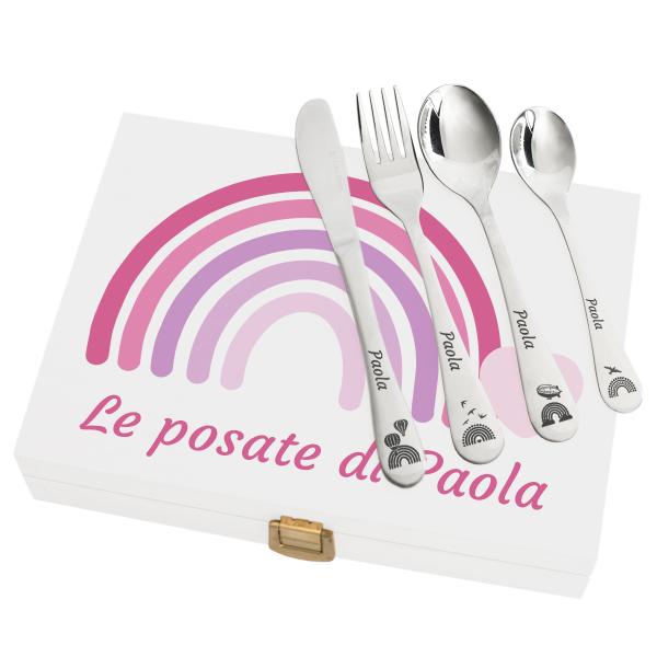 Cofanetto regalo posate personalizzato arcobaleno bianco